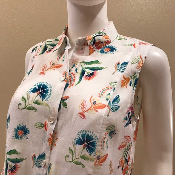 J Jill Love Linen Sleeveless Blouse Size XS Oversized White Floral Button Up - Picture 7 of 16